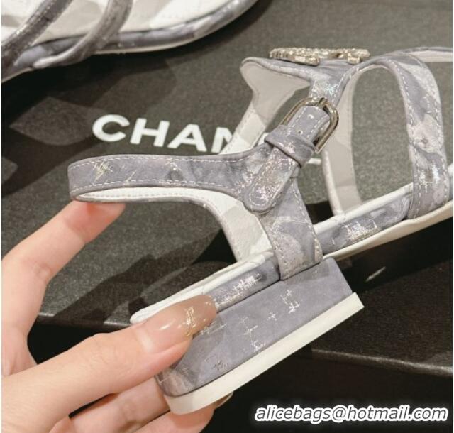 Perfect Chanel Printed Fabric Flat Thong Sandals with Pearls Flower Grey 603108