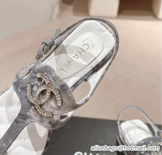 Perfect Chanel Printed Fabric Flat Thong Sandals with Pearls Flower Grey 603108