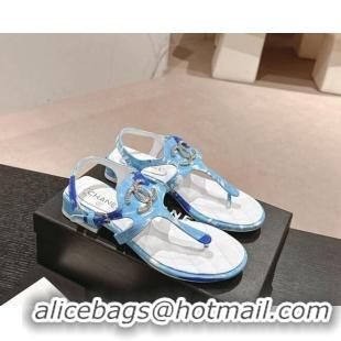 Unique Style Chanel Printed Fabric Flat Thong Sandals with Pearls Flower light Blue 603109