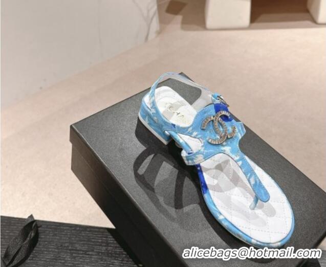 Unique Style Chanel Printed Fabric Flat Thong Sandals with Pearls Flower light Blue 603109