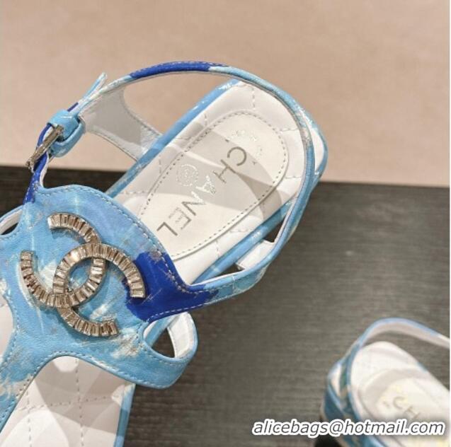 Unique Style Chanel Printed Fabric Flat Thong Sandals with Pearls Flower light Blue 603109