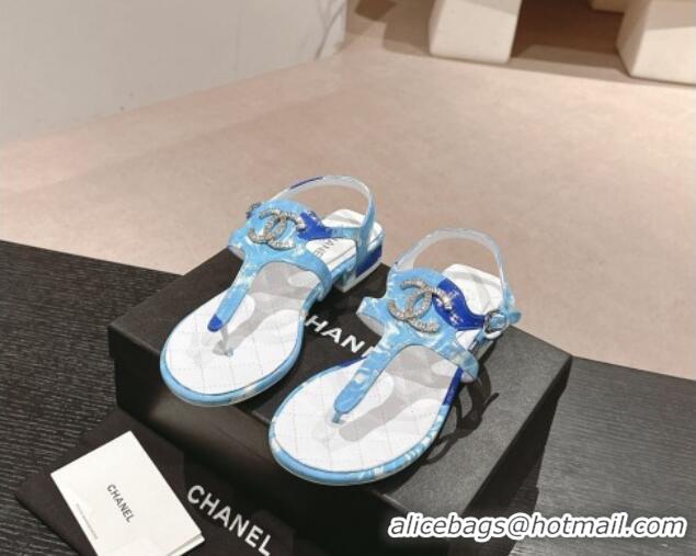 Unique Style Chanel Printed Fabric Flat Thong Sandals with Pearls Flower light Blue 603109