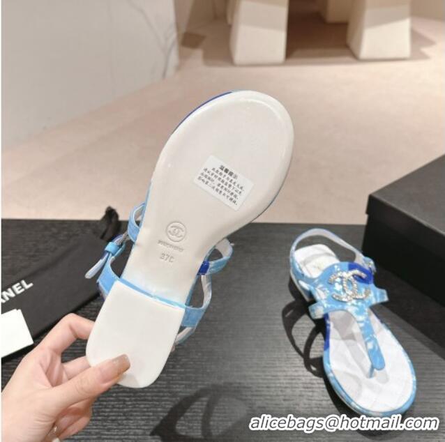 Unique Style Chanel Printed Fabric Flat Thong Sandals with Pearls Flower light Blue 603109