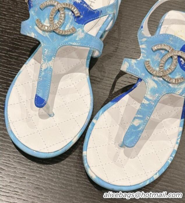 Unique Style Chanel Printed Fabric Flat Thong Sandals with Pearls Flower light Blue 603109