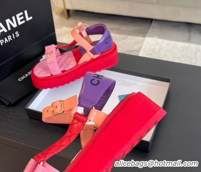 Good Looking Chanel Patchwork Calfskin Platform Sandals Pink/Red/Purple 603110