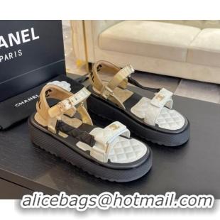 Top Design Chanel Patchwork Calfskin Platform Sandals White/Black/Beige 603111