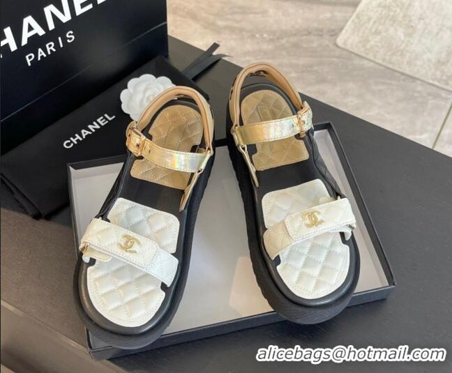 Top Design Chanel Patchwork Calfskin Platform Sandals White/Black/Beige 603111