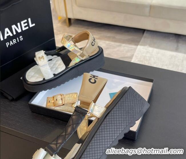 Top Design Chanel Patchwork Calfskin Platform Sandals White/Black/Beige 603111