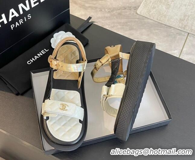 Top Design Chanel Patchwork Calfskin Platform Sandals White/Black/Beige 603111