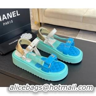 Unique Discount Chanel Patchwork Calfskin Platform Sandals Green/Blue 603115