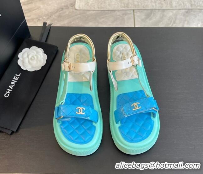 Unique Discount Chanel Patchwork Calfskin Platform Sandals Green/Blue 603115