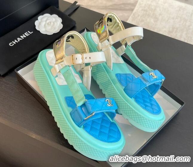 Unique Discount Chanel Patchwork Calfskin Platform Sandals Green/Blue 603115