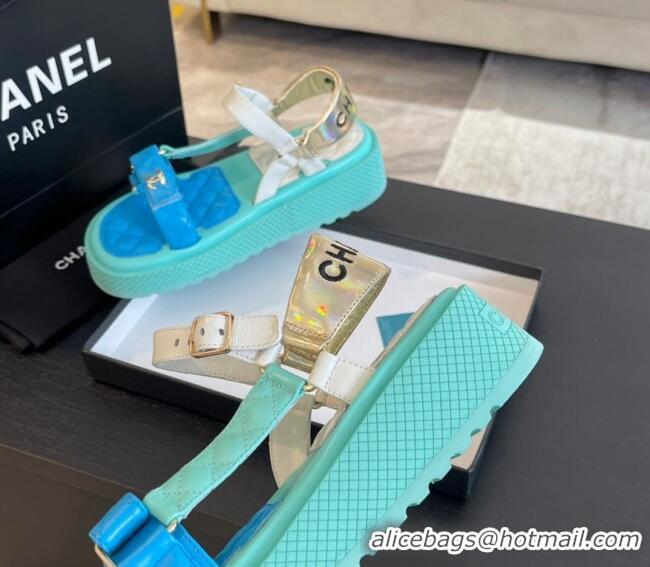 Unique Discount Chanel Patchwork Calfskin Platform Sandals Green/Blue 603115