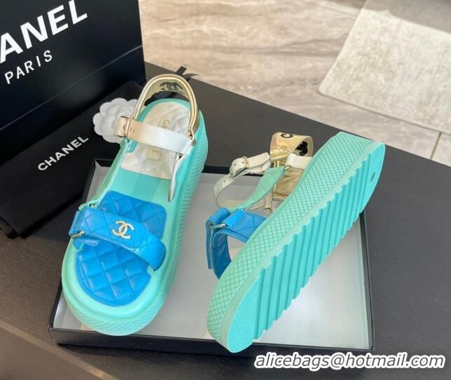 Unique Discount Chanel Patchwork Calfskin Platform Sandals Green/Blue 603115