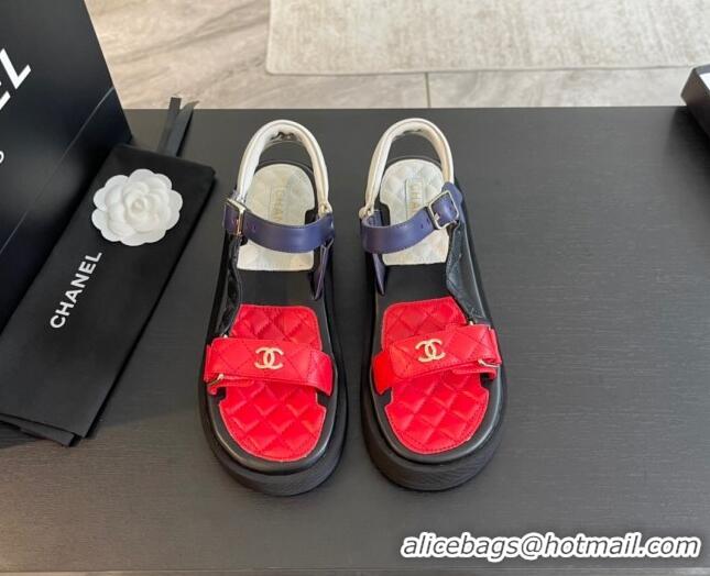 Good Quality Chanel Patchwork Calfskin Platform Sandals Red/Blue 603116