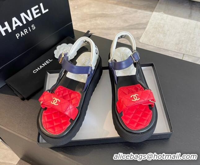 Good Quality Chanel Patchwork Calfskin Platform Sandals Red/Blue 603116