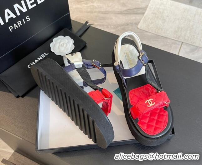 Good Quality Chanel Patchwork Calfskin Platform Sandals Red/Blue 603116