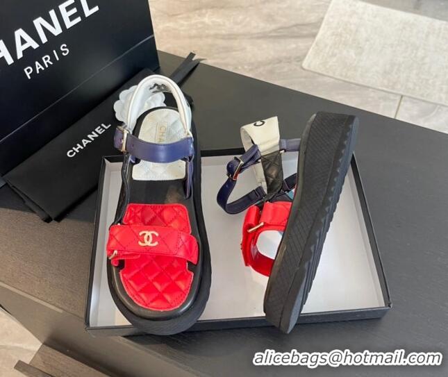 Good Quality Chanel Patchwork Calfskin Platform Sandals Red/Blue 603116