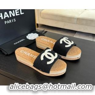 Charming Chanel Wood Tweed Platform Slides Sandals Black 603117