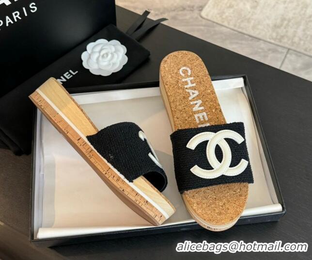 Charming Chanel Wood Tweed Platform Slides Sandals Black 603117