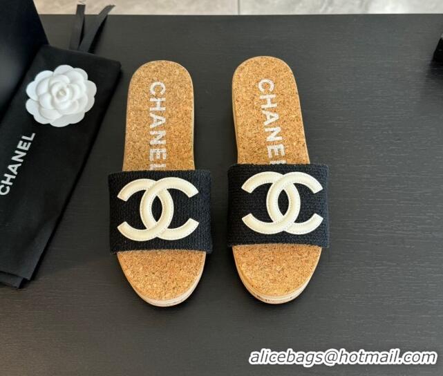 Charming Chanel Wood Tweed Platform Slides Sandals Black 603117