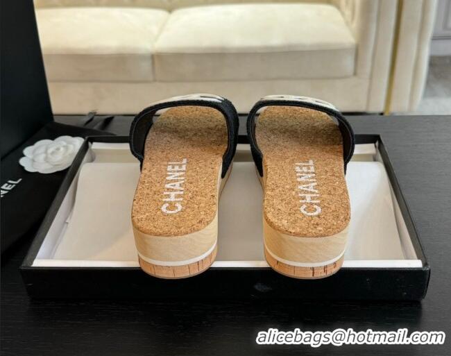 Charming Chanel Wood Tweed Platform Slides Sandals Black 603117