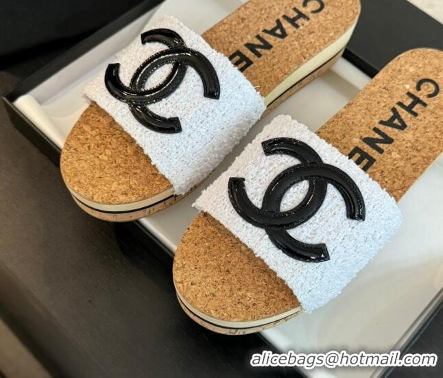 Purchase Chanel Wood Tweed Platform Slides Sandals White 603118