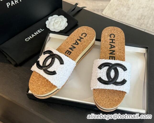 Purchase Chanel Wood Tweed Platform Slides Sandals White 603118