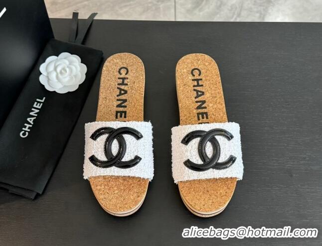 Purchase Chanel Wood Tweed Platform Slides Sandals White 603118