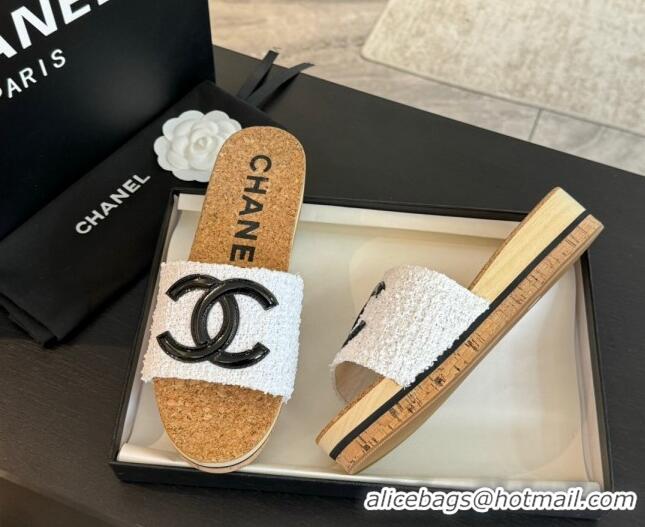 Purchase Chanel Wood Tweed Platform Slides Sandals White 603118