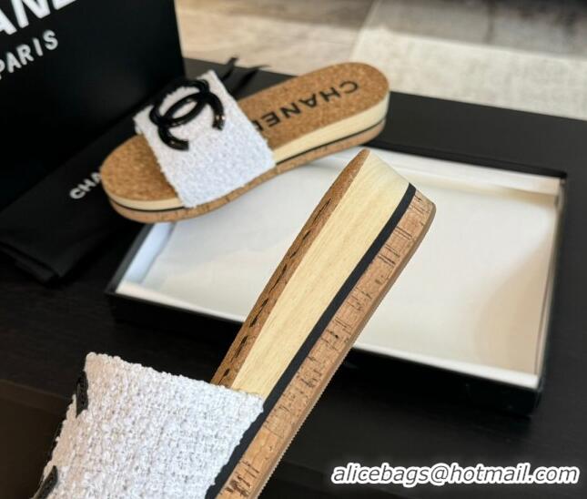 Purchase Chanel Wood Tweed Platform Slides Sandals White 603118