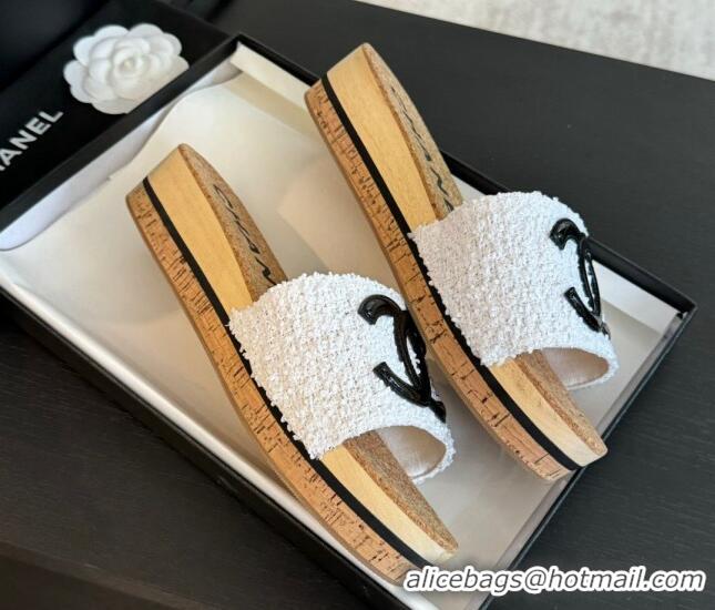 Purchase Chanel Wood Tweed Platform Slides Sandals White 603118