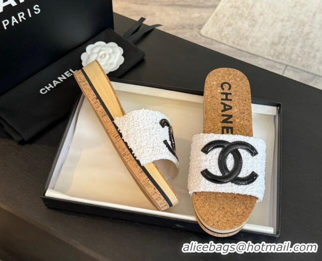 Purchase Chanel Wood Tweed Platform Slides Sandals White 603118