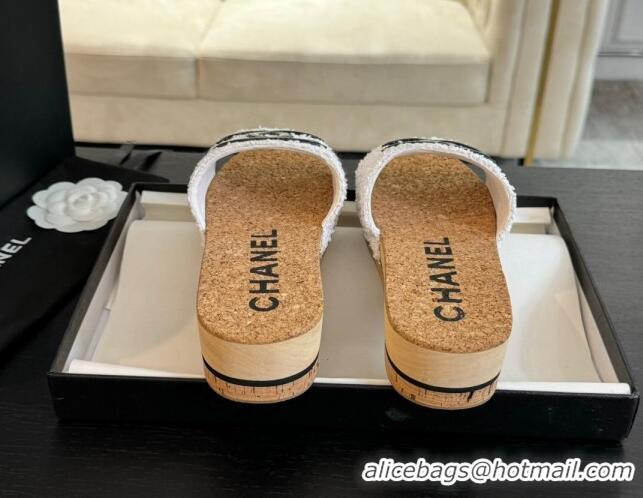 Purchase Chanel Wood Tweed Platform Slides Sandals White 603118