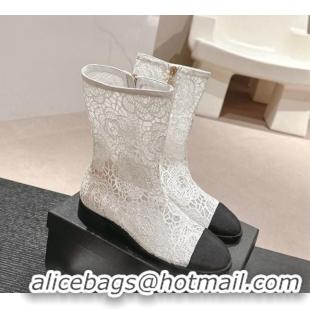 Durable Chanel Lace Flat Ankle Boots White 603119