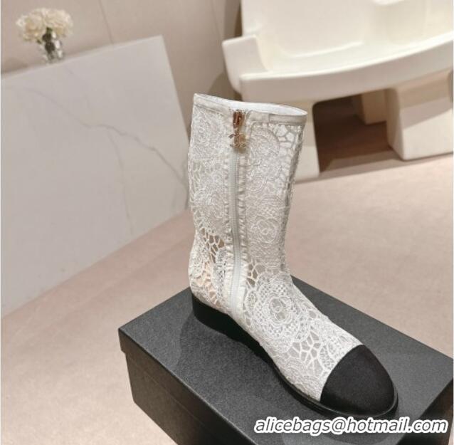 Durable Chanel Lace Flat Ankle Boots White 603119