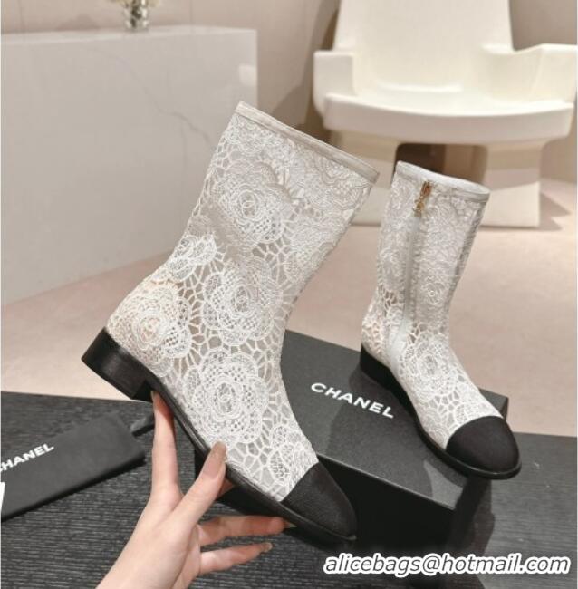 Durable Chanel Lace Flat Ankle Boots White 603119