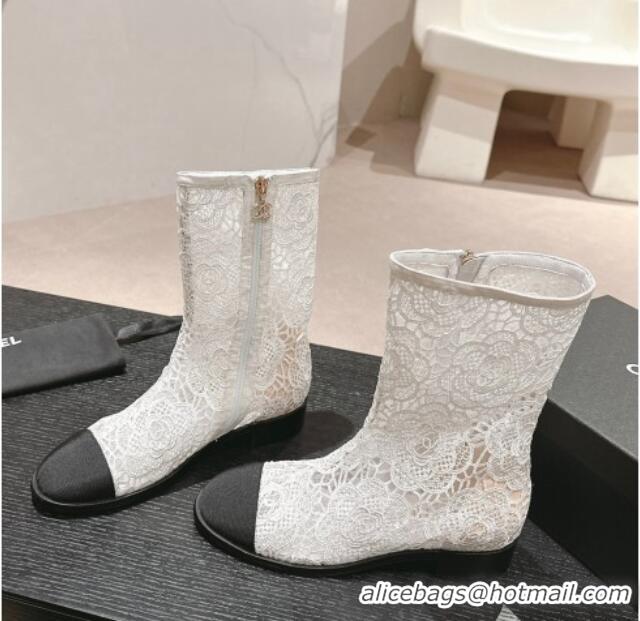 Durable Chanel Lace Flat Ankle Boots White 603119