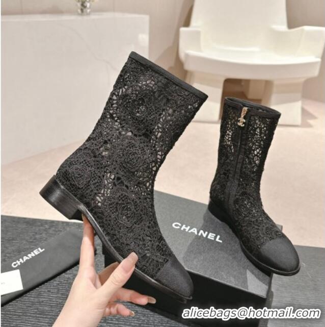 Grade Quality Chanel Lace Flat Ankle Boots Black 603120