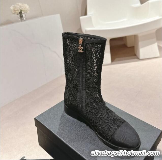 Grade Quality Chanel Lace Flat Ankle Boots Black 603120