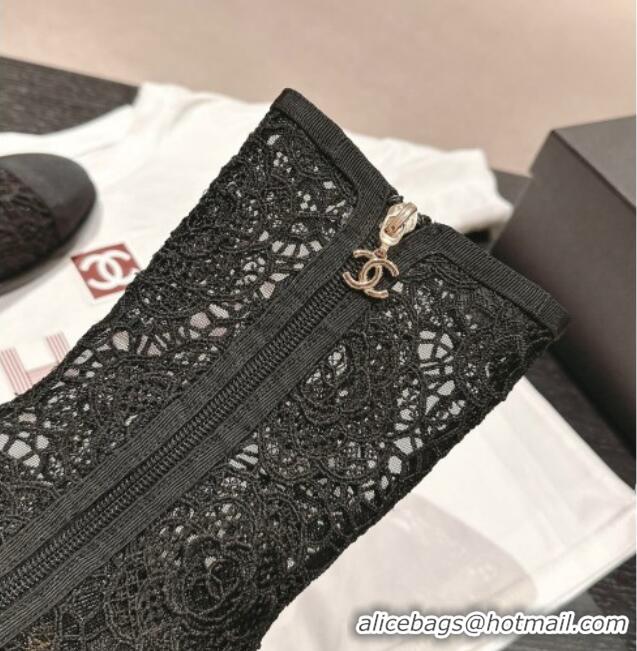 Grade Quality Chanel Lace Flat Ankle Boots Black 603120