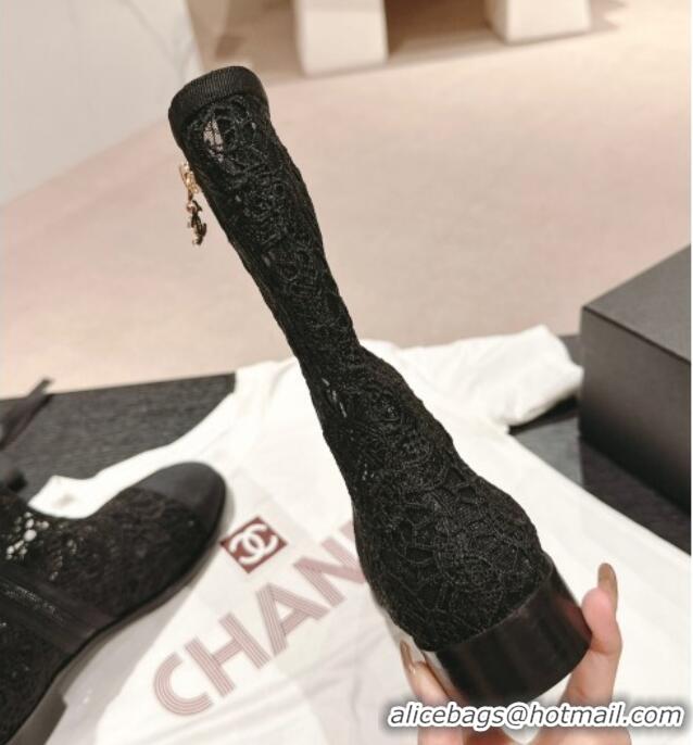 Grade Quality Chanel Lace Flat Ankle Boots Black 603120