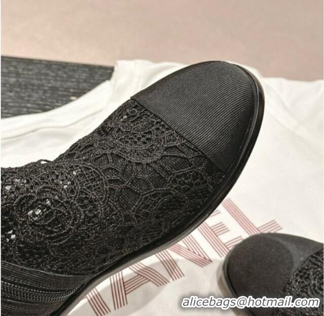 Grade Quality Chanel Lace Flat Ankle Boots Black 603120