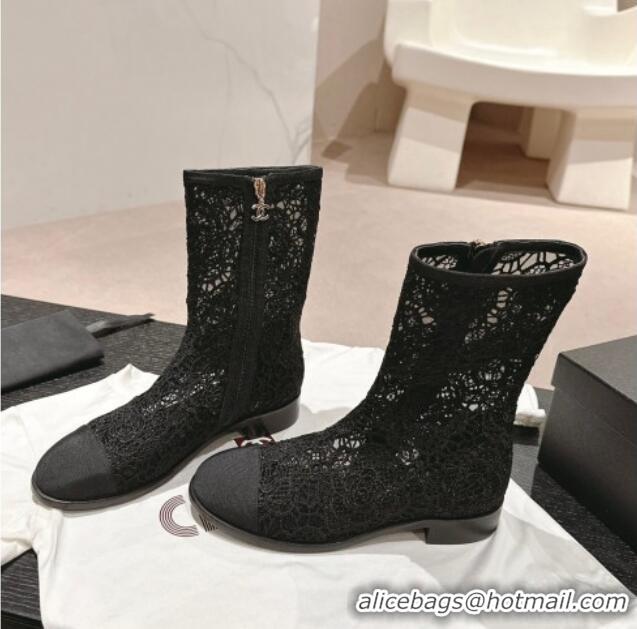 Grade Quality Chanel Lace Flat Ankle Boots Black 603120