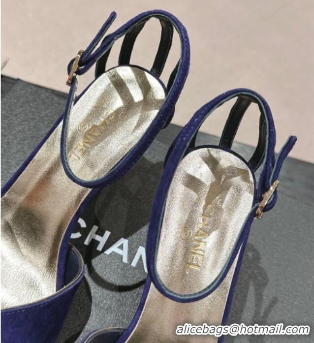 Best Grade Chanel Suede Heel Sandals 7cm Blue 603122