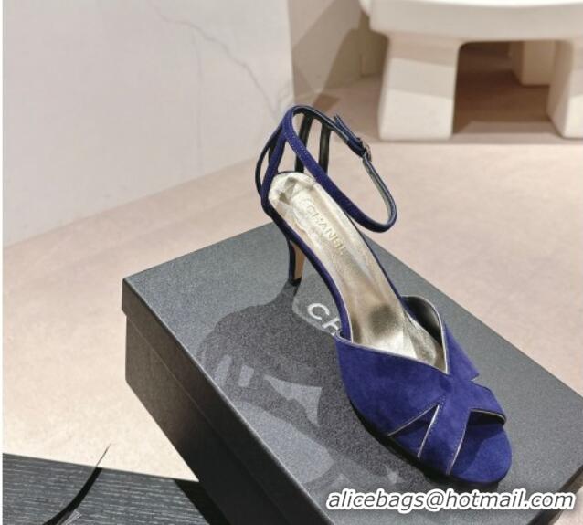 Best Grade Chanel Suede Heel Sandals 7cm Blue 603122