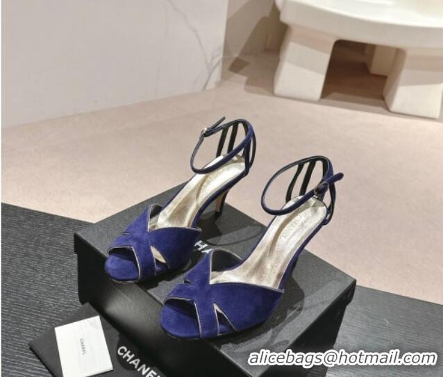 Best Grade Chanel Suede Heel Sandals 7cm Blue 603122