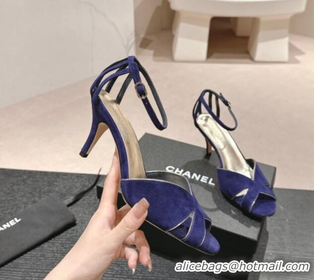 Best Grade Chanel Suede Heel Sandals 7cm Blue 603122