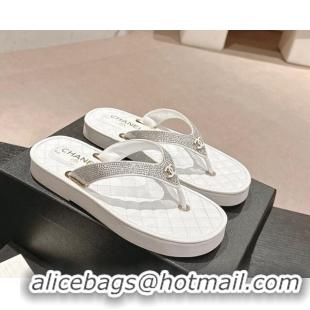 Grade Chanel Strass Flat Thong Slides Sandals White 603124