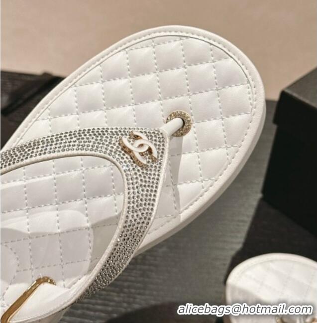 Grade Chanel Strass Flat Thong Slides Sandals White 603124